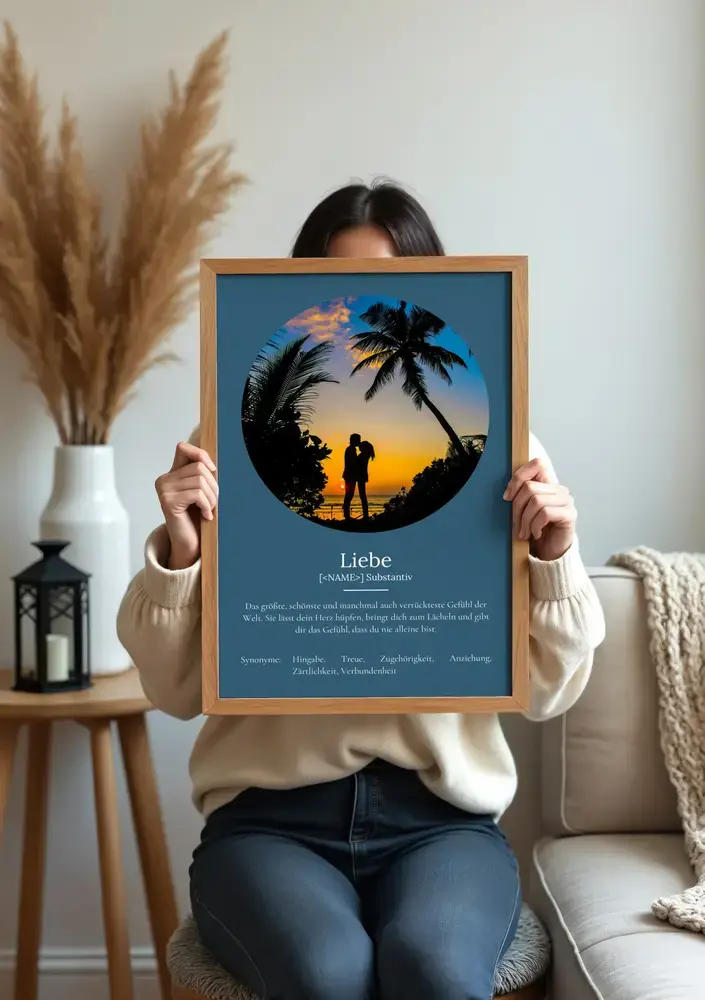 Blaues Definitionsposter mit rundem Paarfoto im Holzrahmen im Wohnzimmer, Geschenk zum Jahrestag