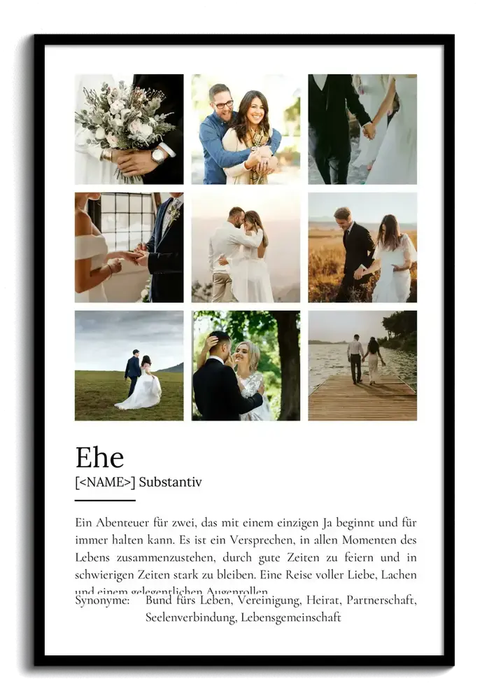 Fotocollage mit neun Hochzeitsmotiven und Ehedefinition auf weissem Grund im schwarzen Rahmen
