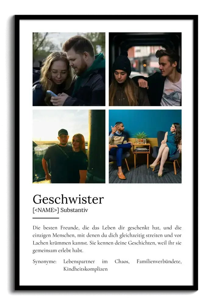 Geschwister-Definitionsposter mit vier Fotos im quadratischen Raster und Text darunter, schwarz gerahmt