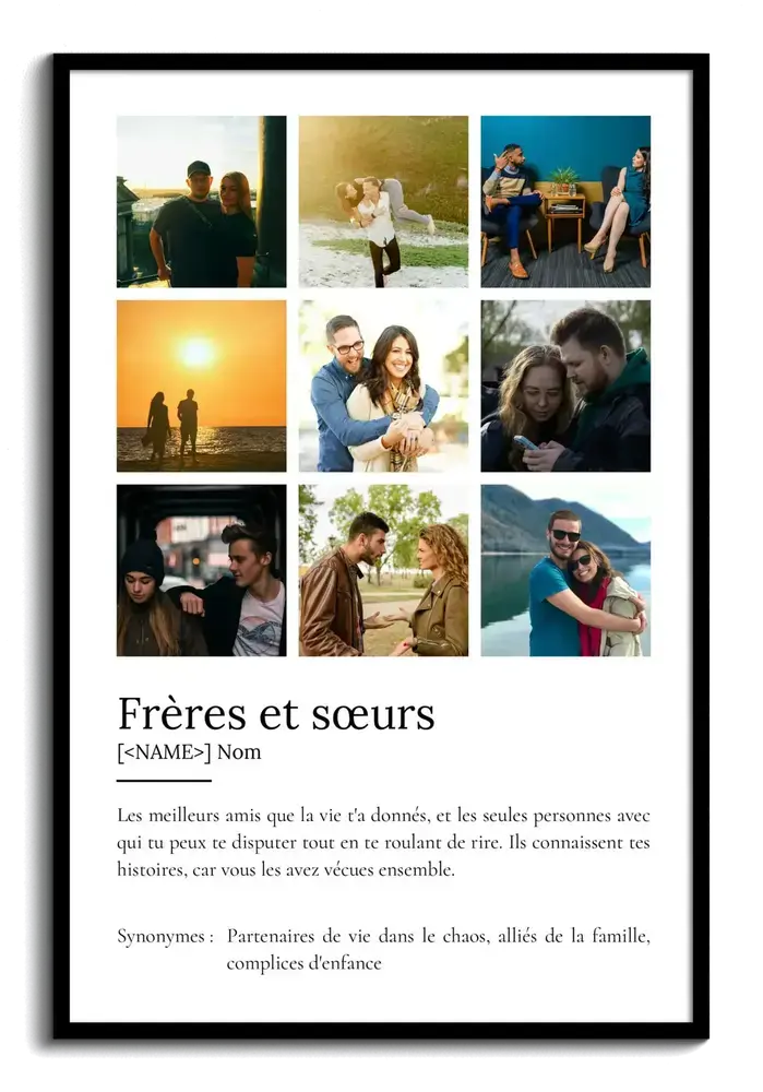 Affiche style dictionnaire sur la fratrie, composée de neuf photos en grille sur fond blanc, avec cadre noir