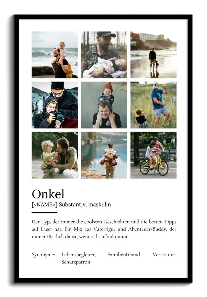 Definitionsposter für den Onkel mit neun Familienfotos im Raster auf weissem Grund, schwarz gerahmt