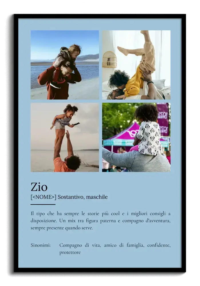 Poster con definizione dello zio e quattro foto su fondo azzurro, in cornice nera