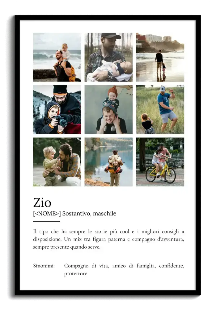 Poster personalizzato per lo zio con nove foto e definizione stile dizionario, su fondo bianco in cornice nera