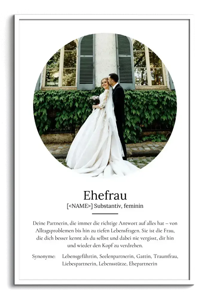 Definitionsposter für die Ehefrau im Wörterbuch-Stil mit rundem Hochzeitsfoto und weissem Rahmen