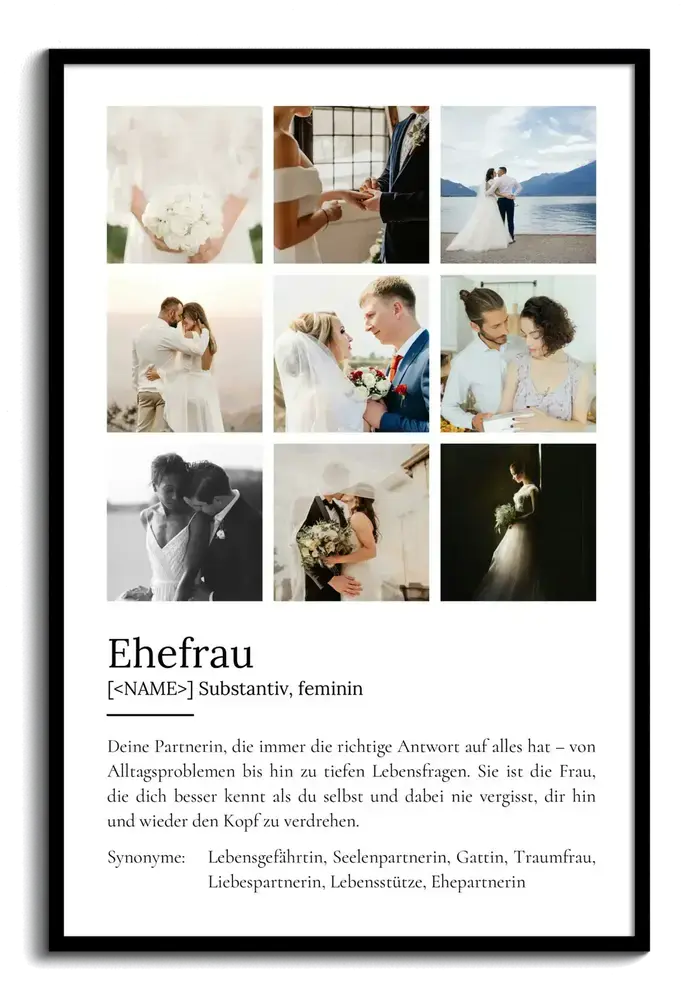 Definitionsposter für die Ehefrau mit neun Hochzeitsfotos und Wörterbuchtext auf weissem Grund im schwarzen Rahmen