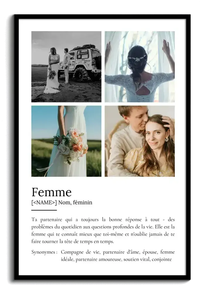 Affiche définition de l’épouse avec quatre photos de mariage en grille et texte façon dictionnaire, cadre noir