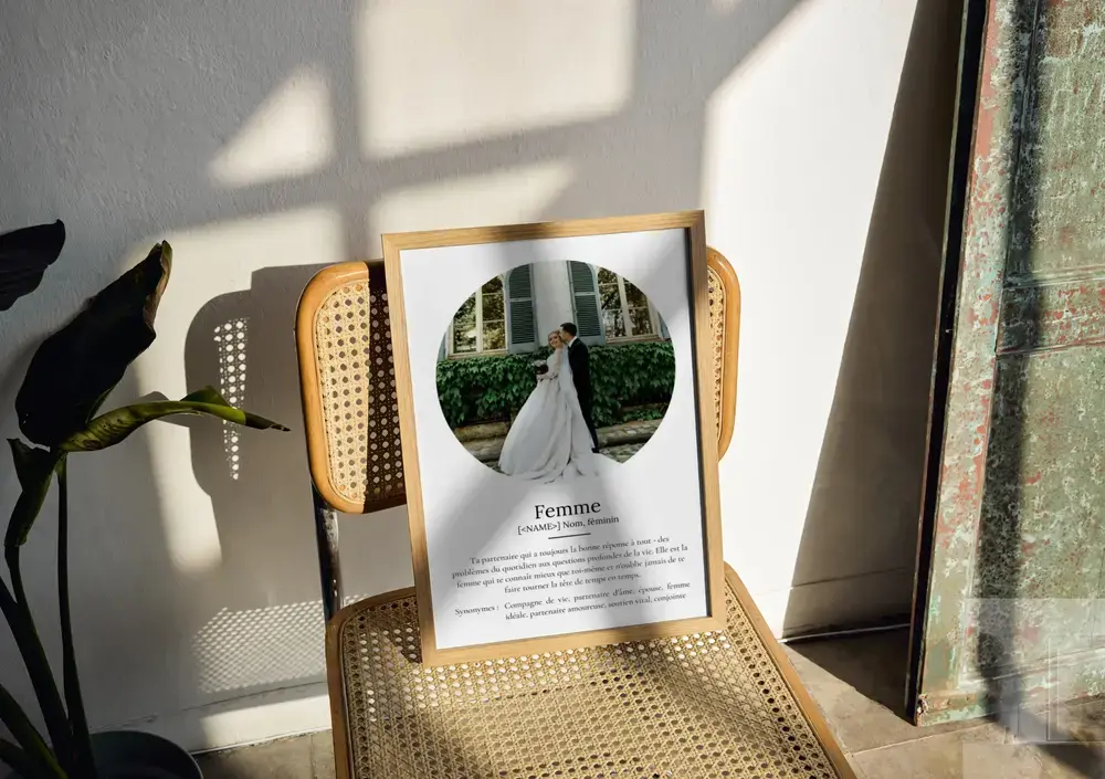 Affiche définition avec photo ronde sur une chaise cannée, cadre bois, cadeau pour un anniversaire de mariage