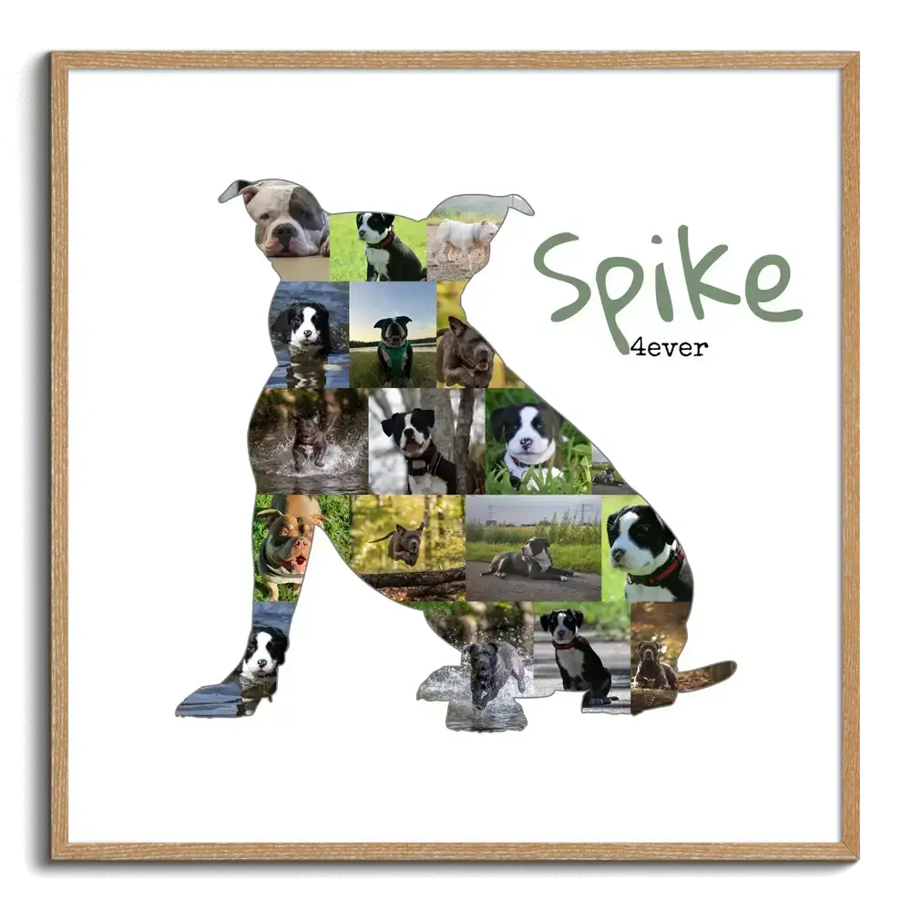 Collage di foto a forma di American Bully seduto, con nome personalizzato e cornice in legno naturale