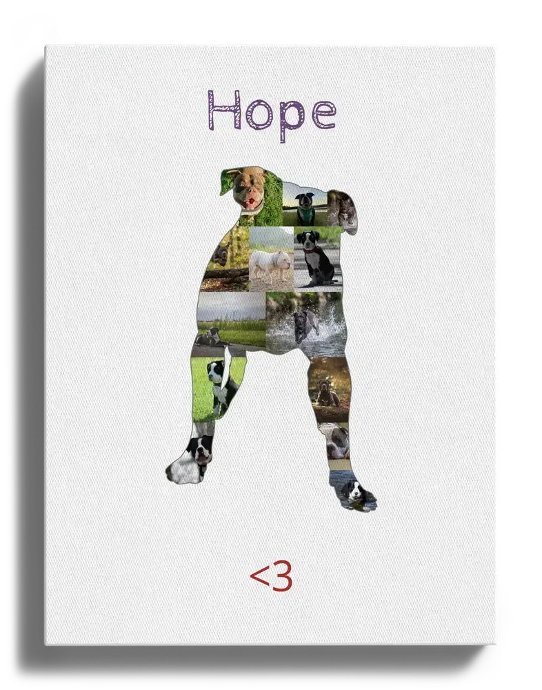 Collage di foto su tela a forma di American Bully in piedi, con nome personalizzato e simbolo del cuore rosso