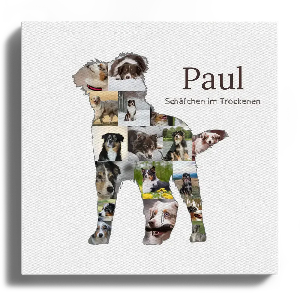 Quadratische Leinwand mit Australian-Shepherd-Silhouette aus Hundefotos, Namen und Spruch auf Weiss