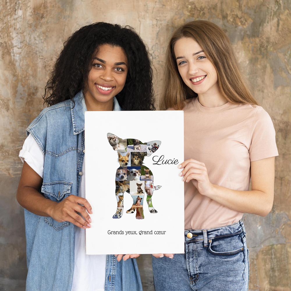 Collage photo chihuahua avec prénom, sans cadre sur fond blanc, cadeau personnalisé pour un amoureux des chiens
