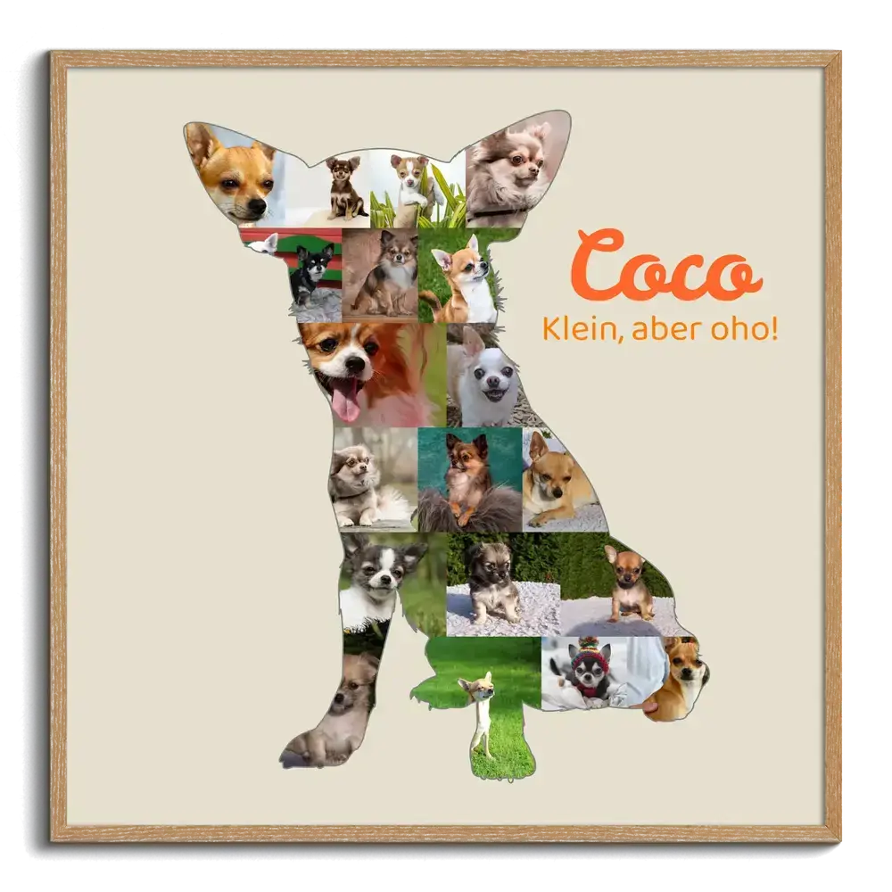 Chihuahua-Fotocollage mit orangefarbenem Namen auf beigem Grund im Naturholzrahmen, Geschenk für Hundefreunde