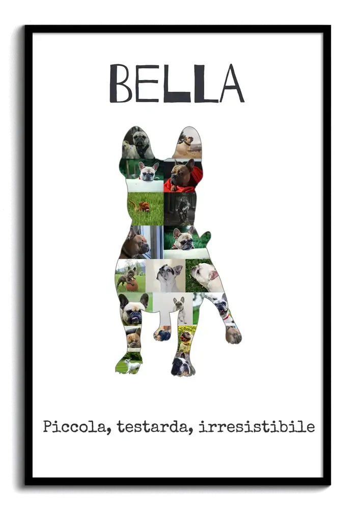 Collage fotografico a forma di bulldog francese con nome e dedica, in cornice nera, regalo per chi ama i cani