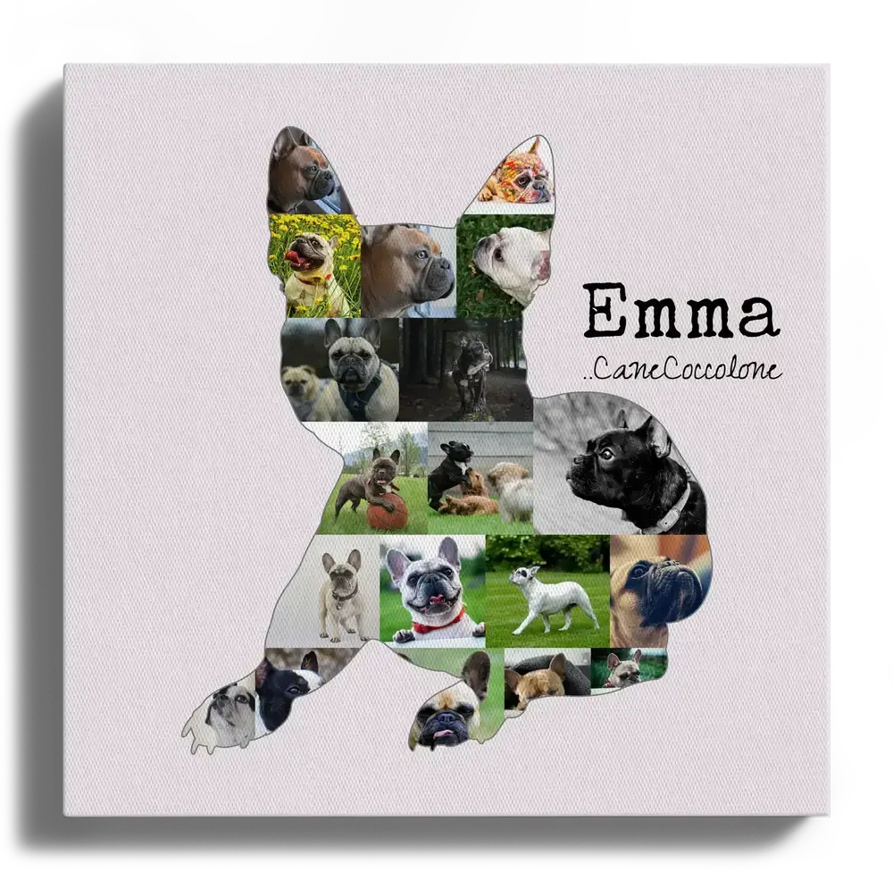 Collage di foto su tela a forma di bulldog francese, con nome e dedica su fondo chiaro