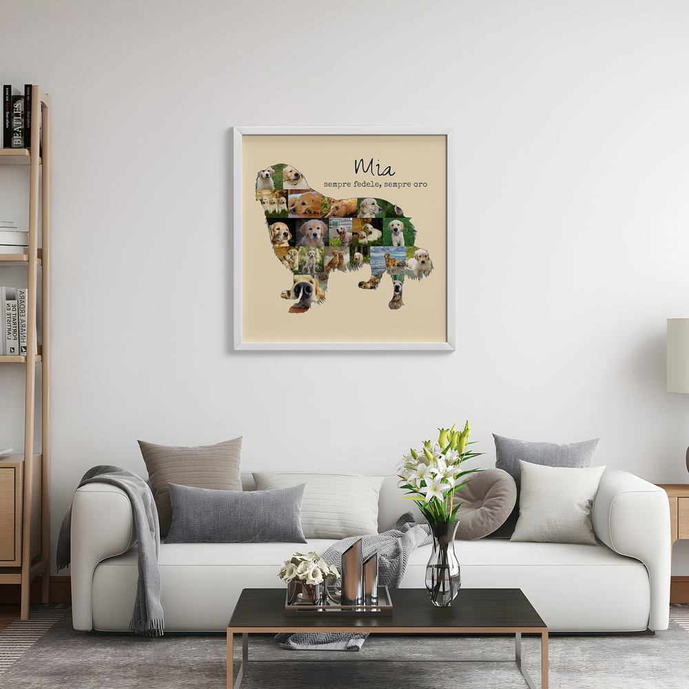 Collage di foto a forma di golden retriever con nome, in cornice bianca sopra il divano del soggiorno