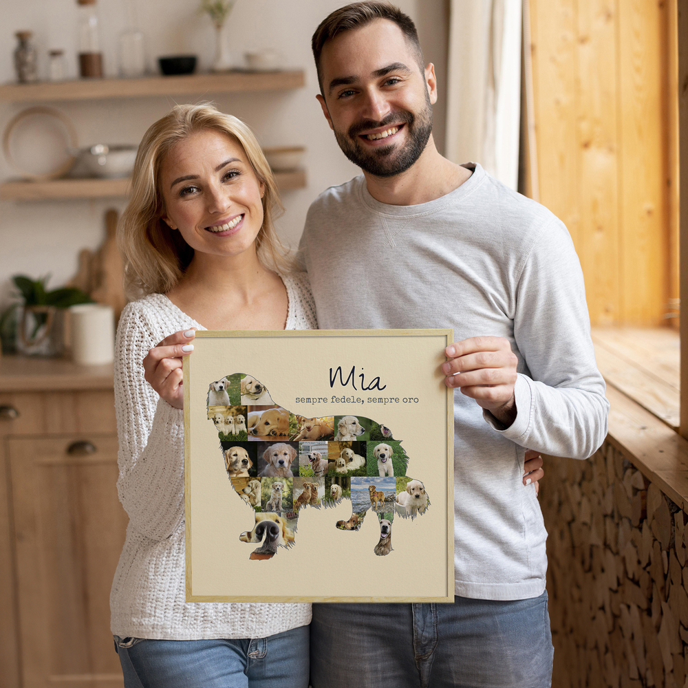 Collage di foto a forma di Golden Retriever con nome e cornice chiara, regalo per chi ama i cani