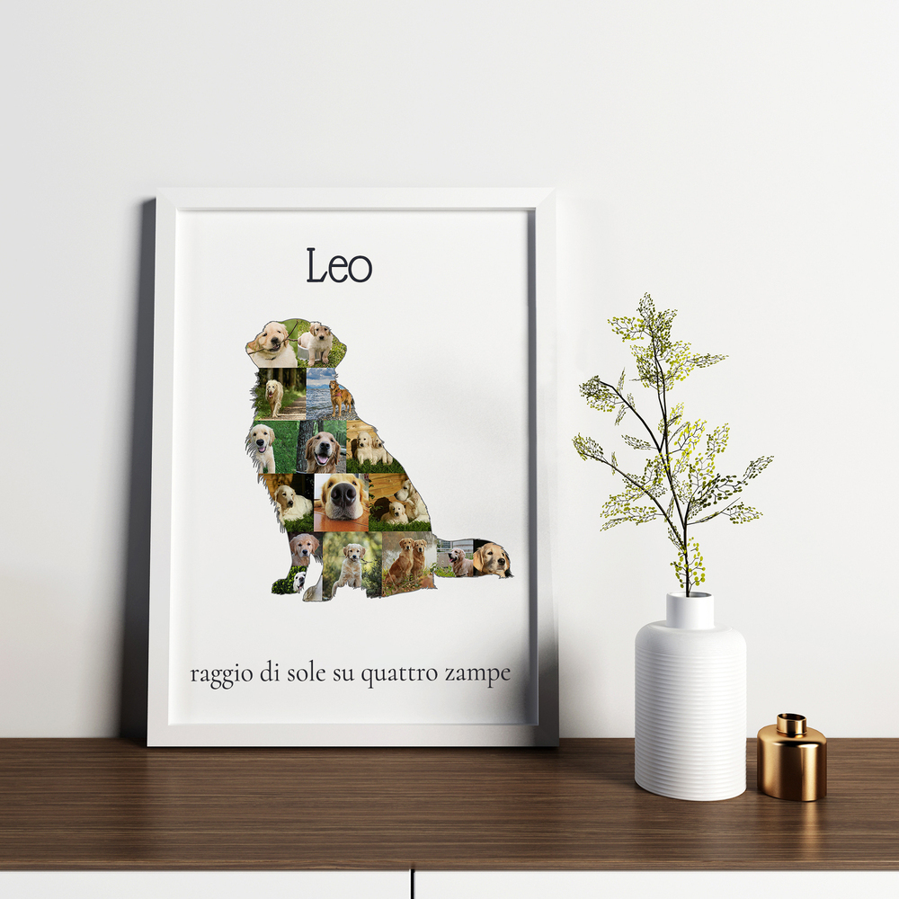 Collage di foto a forma di Golden Retriever seduto, in cornice bianca su un mobile accanto a un vaso