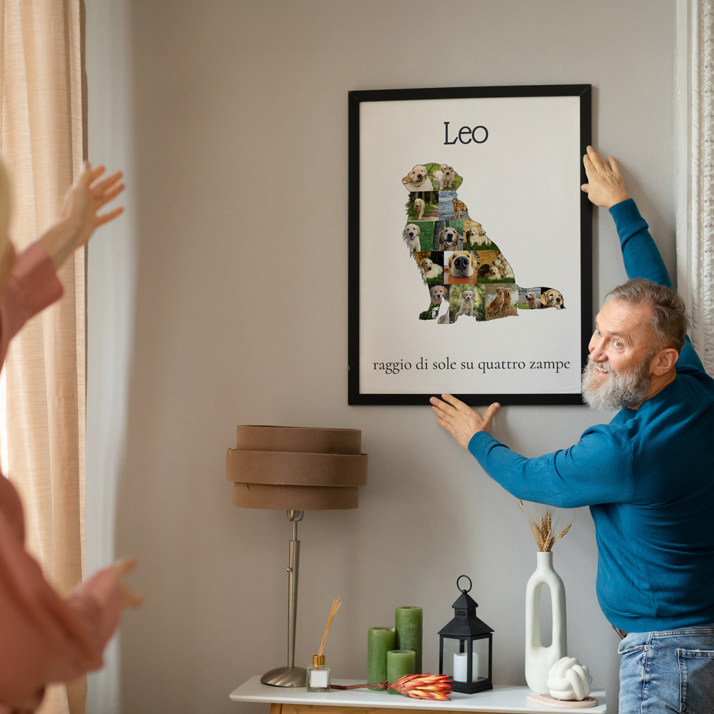 Collage fotografico a forma di Golden Retriever seduto, con cornice nera alla parete e dedica personalizzata