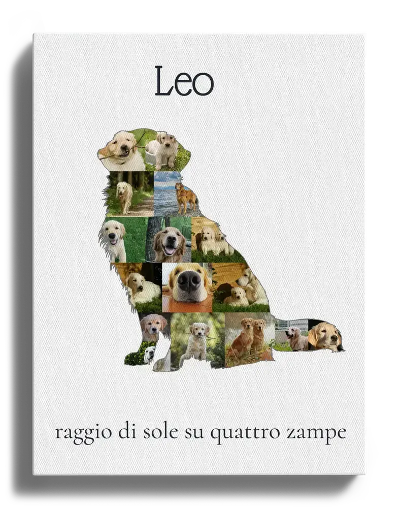 Collage di foto su tela a forma di golden retriever seduto, con nome e dedica su sfondo bianco