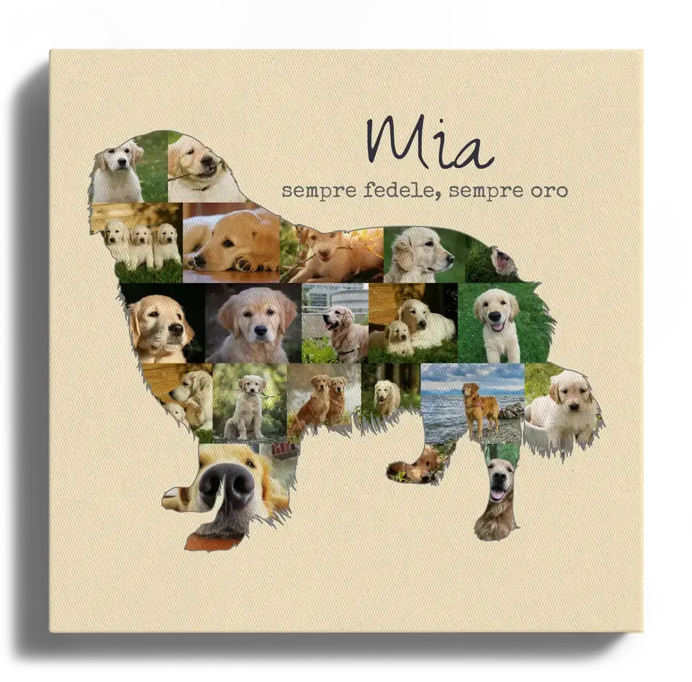 Collage fotografico su tela a forma di Golden Retriever in piedi, con nome e dedica su fondo crema