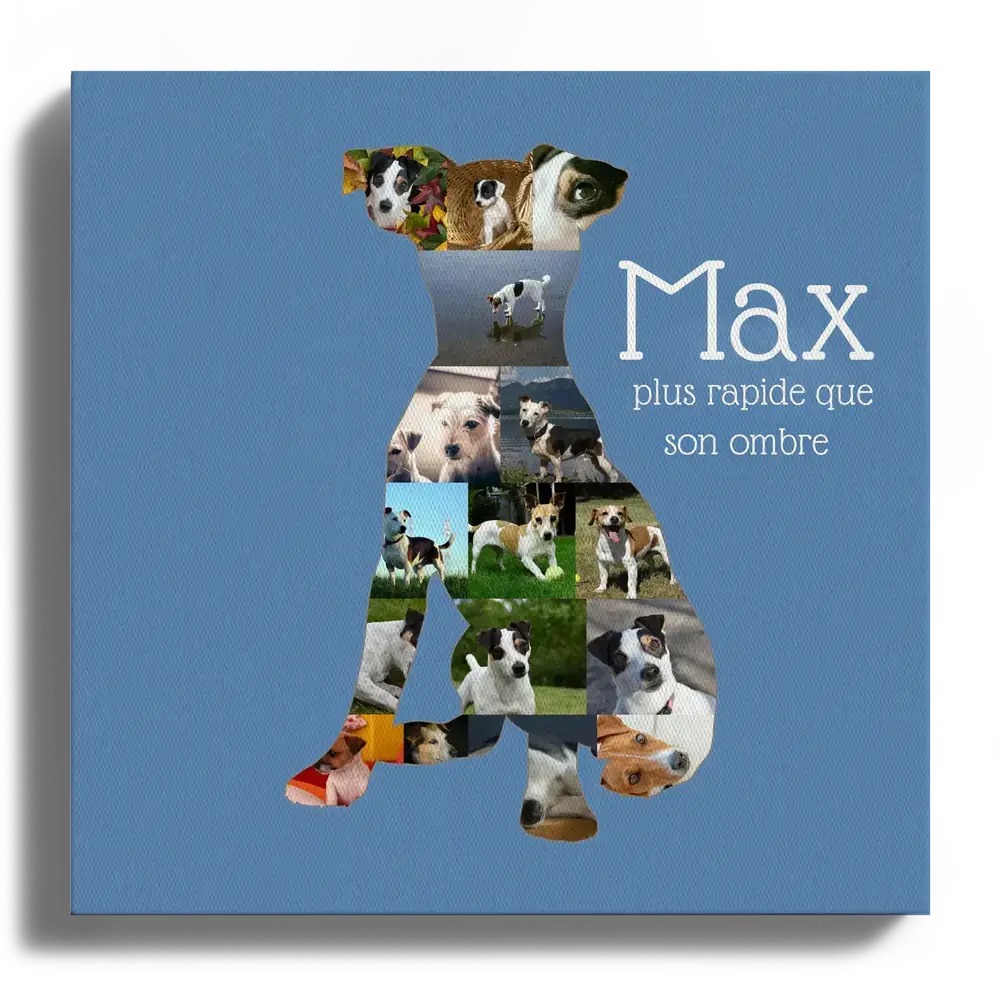 Toile photo sur fond bleu avec silhouette de Jack Russell composée de photos de chiens, prénom et texte personnalisés.