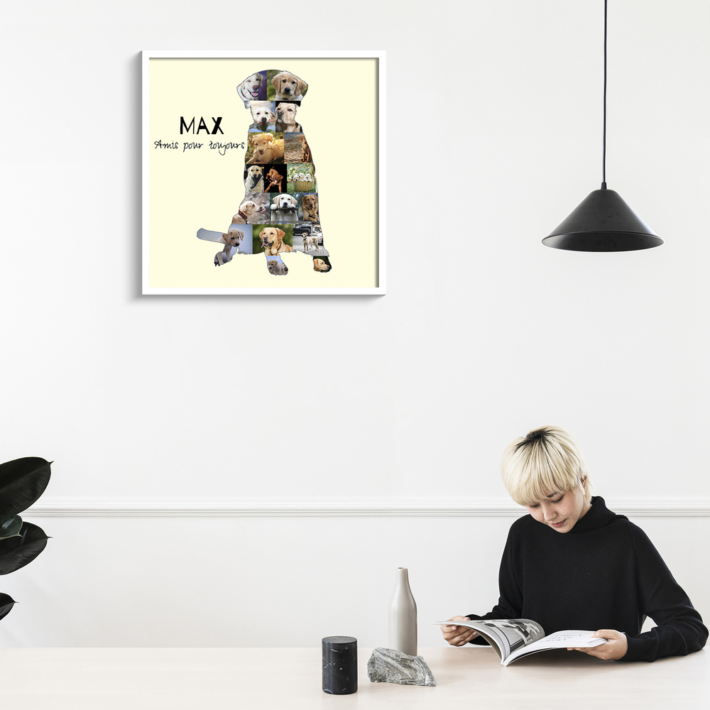 Pêle-mêle photo en silhouette de labrador assis, avec nom et texte, dans un cadre blanc au-dessus d’une table