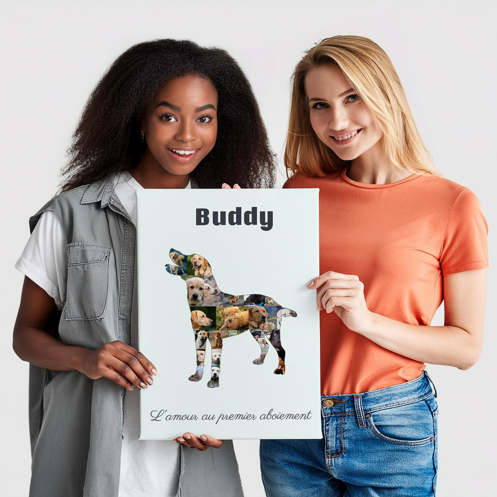 Tableau photo sans cadre en forme de labrador debout, avec nom et texte, cadeau personnalisé pour un amoureux des chiens