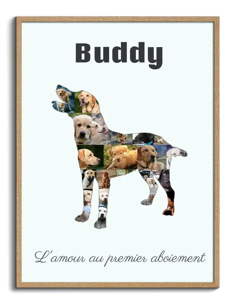 Pêle-mêle photo en forme de labrador debout, avec nom et message personnalisés, encadré en bois naturel