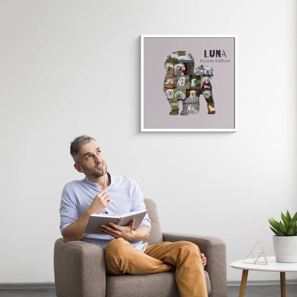 Collage di foto a forma di Maltese con nome e frase, in cornice bianca sopra una poltrona in salotto