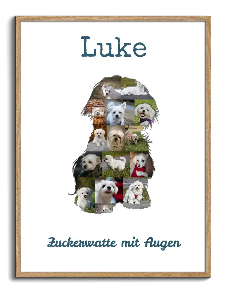 Malteser-Fotocollage als sitzende Hundesilhouette mit Namen und Spruch, weisser Hintergrund und Naturholzrahmen