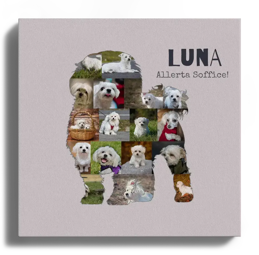 Collage di foto su tela a forma di Maltese in piedi, con nome e frase su fondo rosa antico