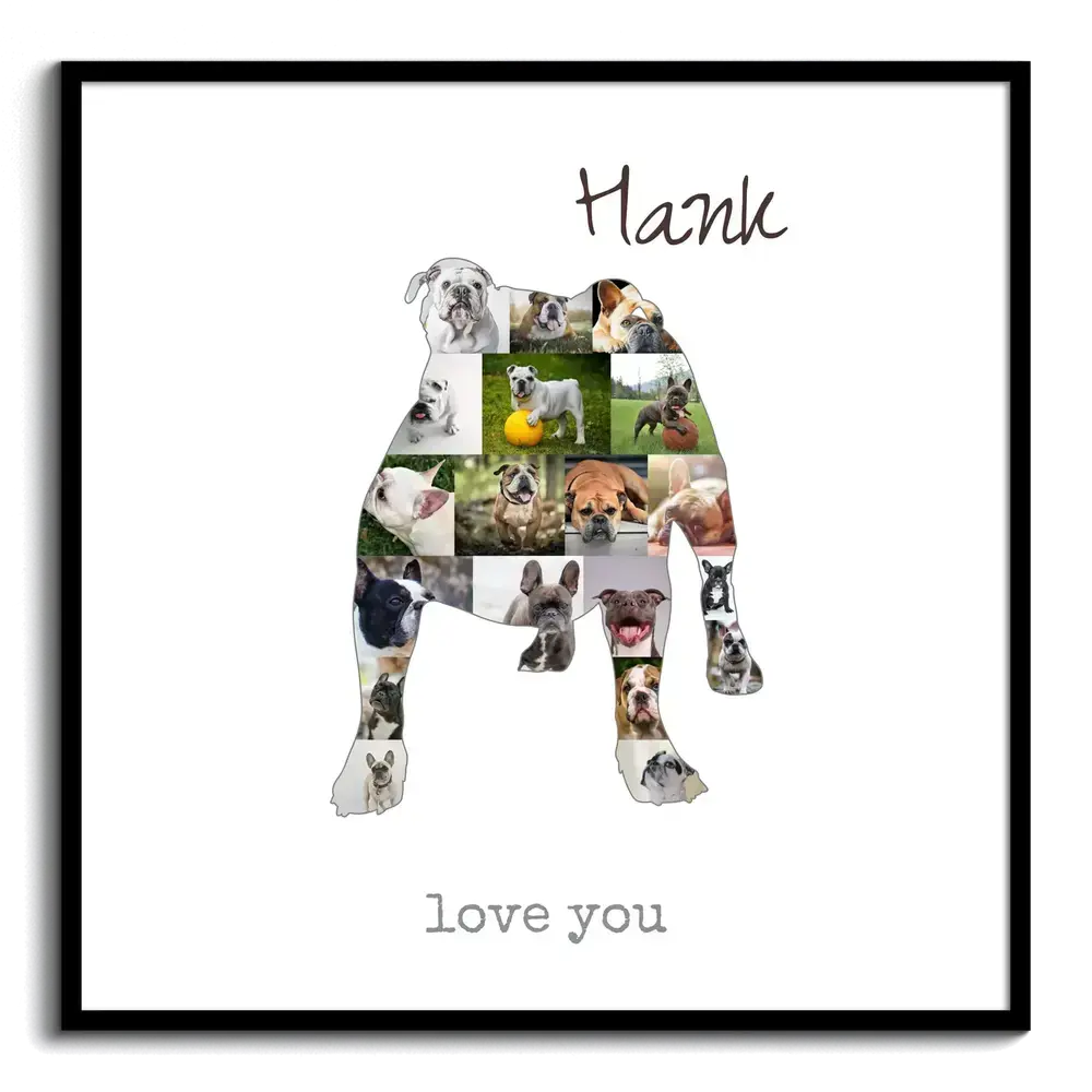 Fotocollage als stehende Old-English-Bulldog-Silhouette mit Namen und Spruch im schwarzen Rahmen