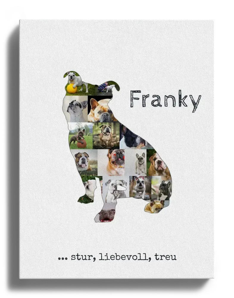 Leinwand mit Fotocollage in sitzender Old-English-Bulldog-Silhouette, Namen und Spruch auf weissem Hintergrund