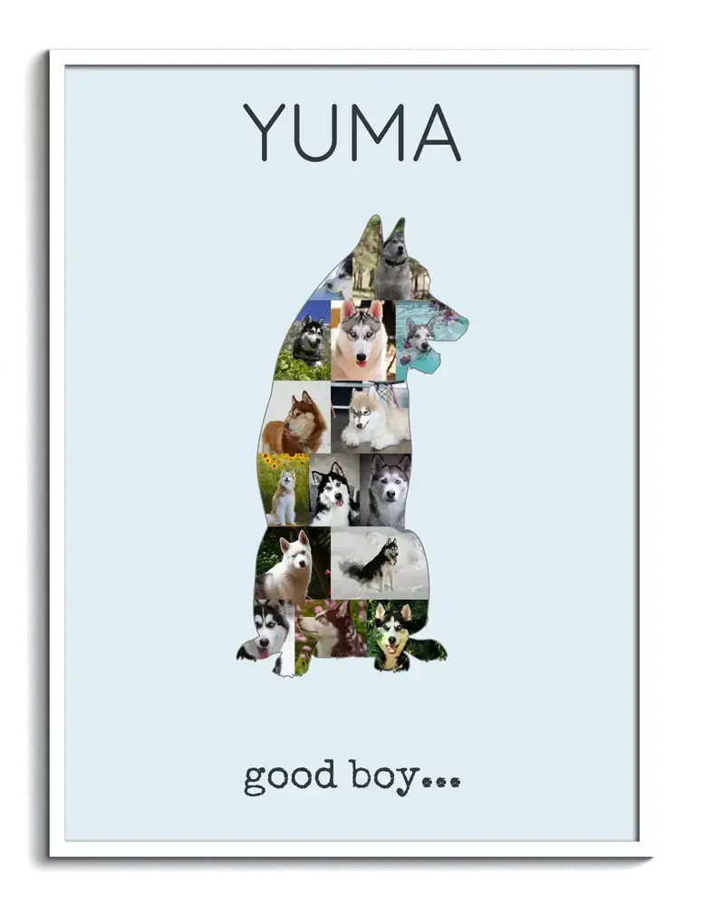 Fotocollage als sitzende Husky-Silhouette auf Hellblau, mit Namen und persönlichem Text im weissen Rahmen
