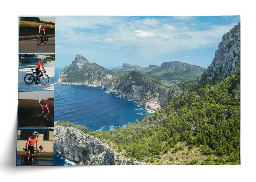 Poster collage di ciclismo orizzontale con ampio panorama costiero e quattro piccole foto a sinistra