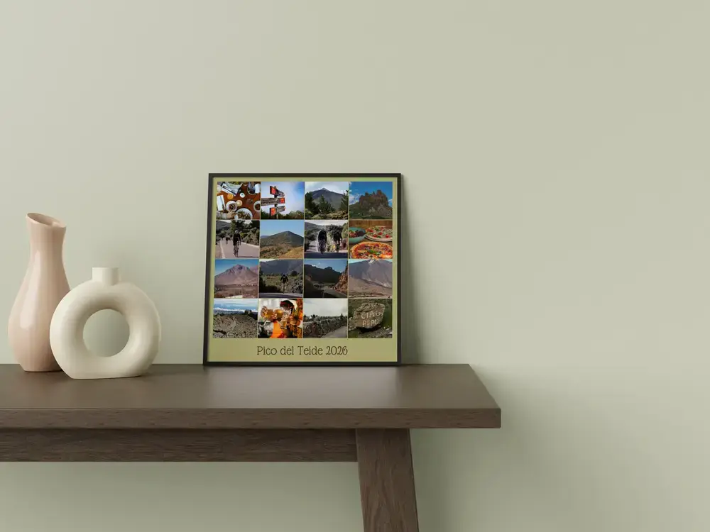 Collage di ciclismo incorniciato con testo, su un tavolo accanto a vasi, un regalo personalizzato per appassionati