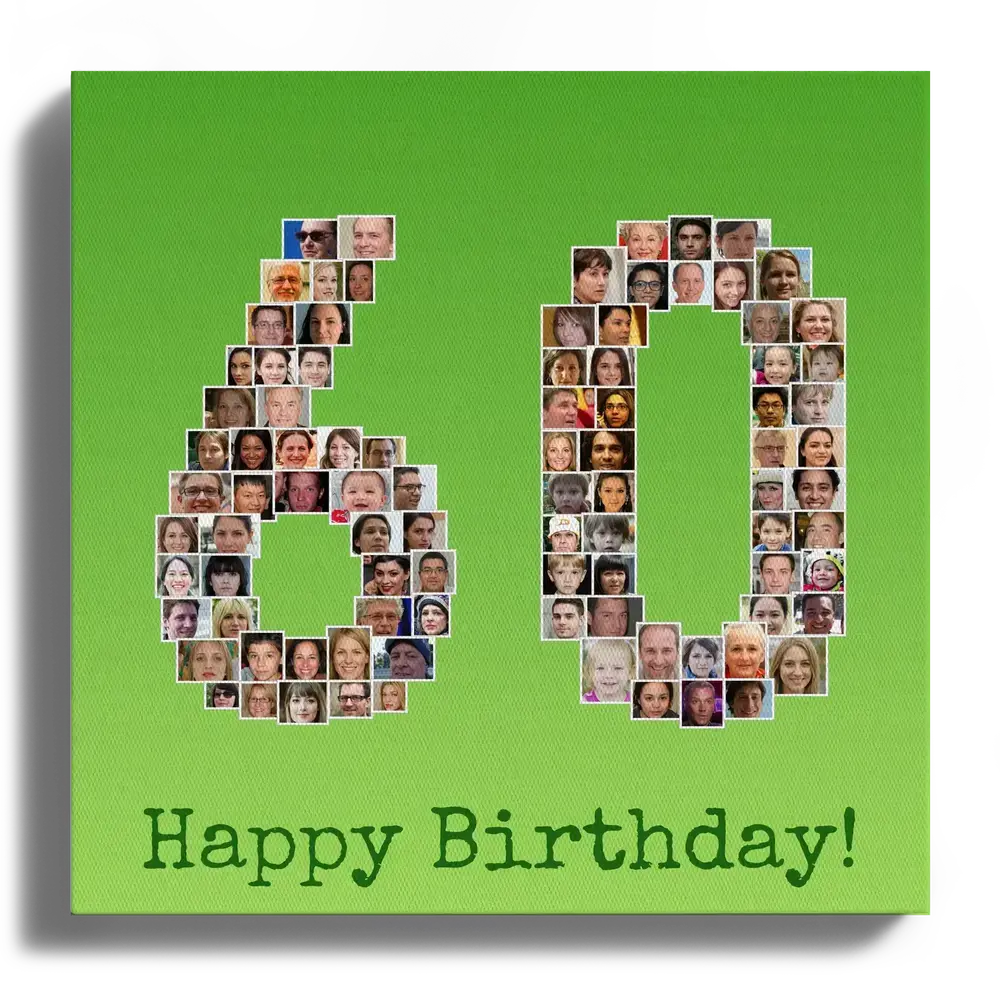 Collage di foto su tela a forma di 60, con sfondo verde e augurio di buon compleanno