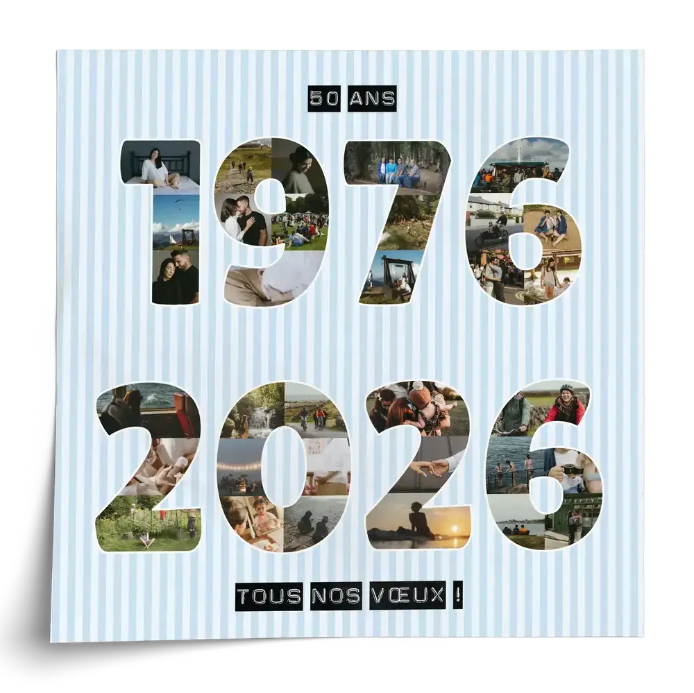 Affiche de collage photo avec deux années composées de petits clichés et un message sur fond rayé bleu clair