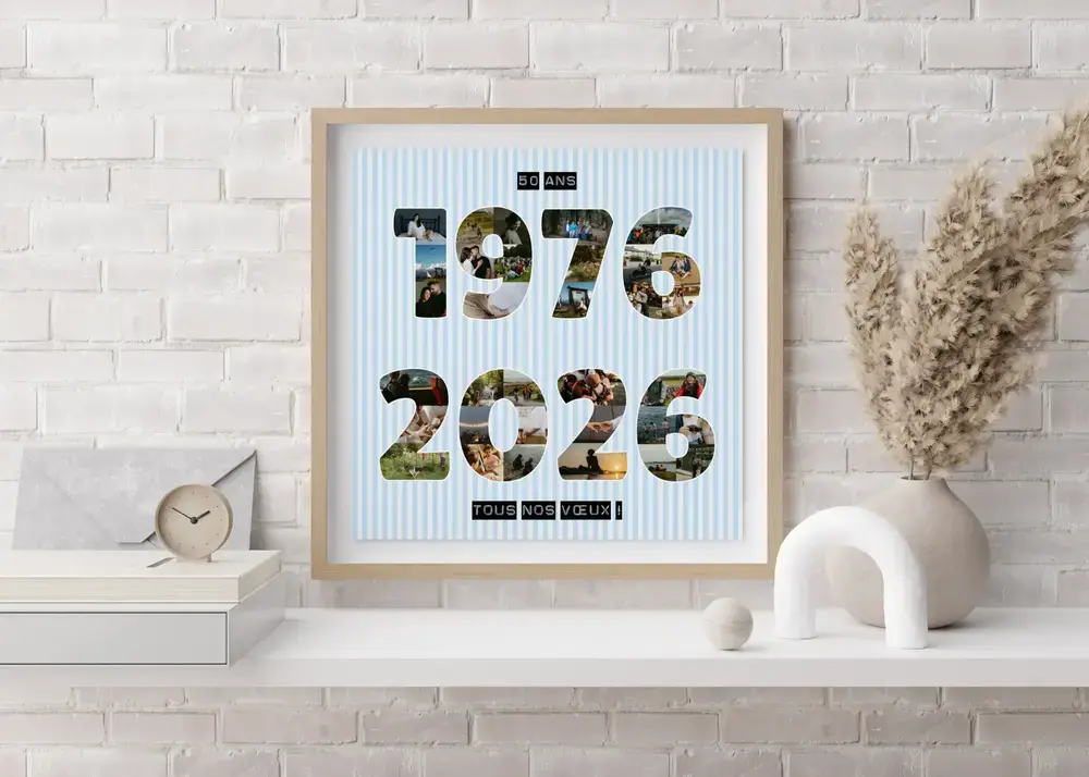 Collage photo en forme d’années, encadré en bois sur une étagère, cadeau pour un 50e anniversaire