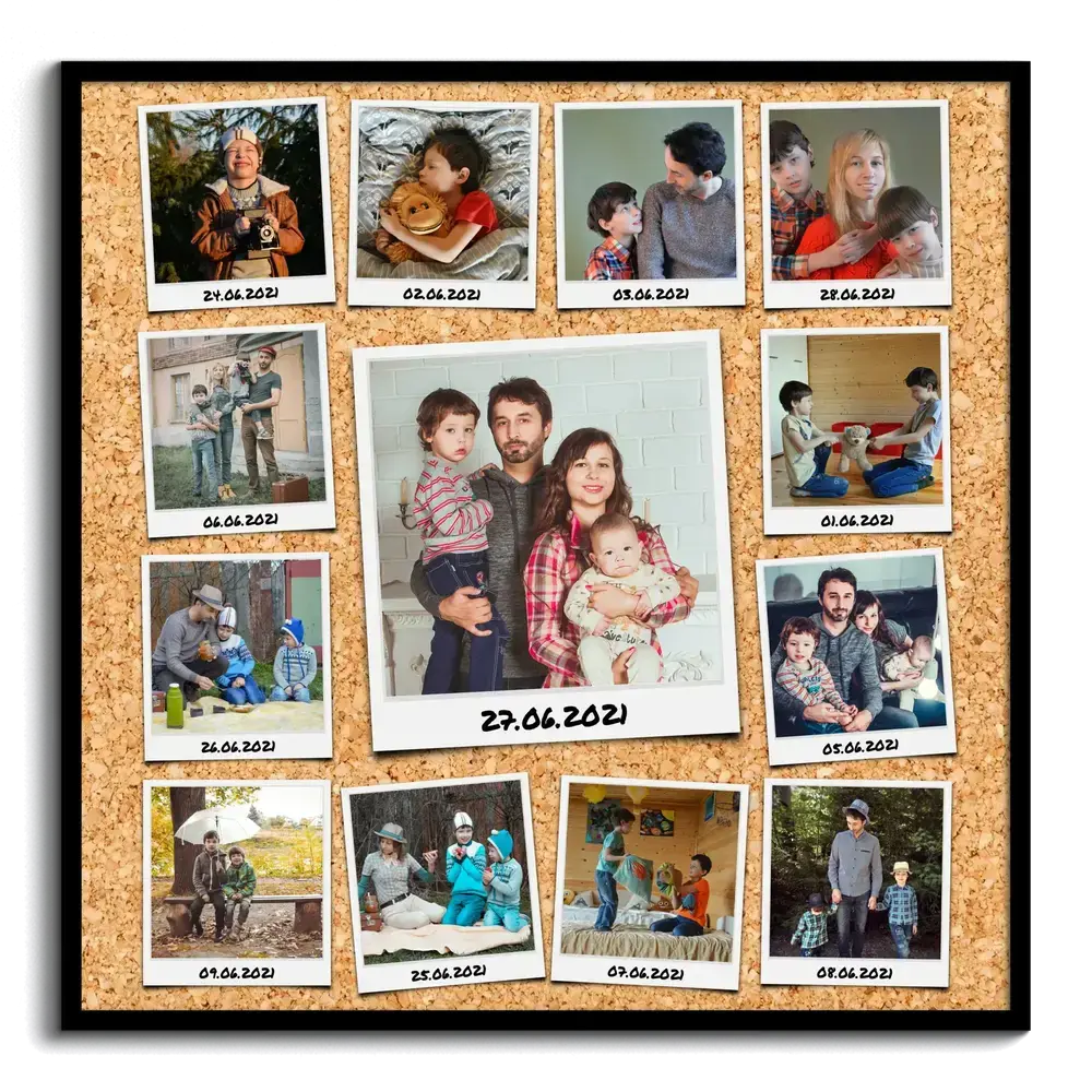 Collage di foto di famiglia stile istantanee, con fondo in sughero e cornice nera, come regalo di compleanno