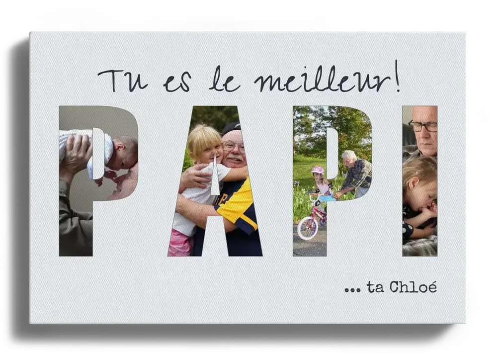 Pêle-mêle photo sur toile avec lettres remplies de souvenirs en famille, une idée cadeau pour grand-père