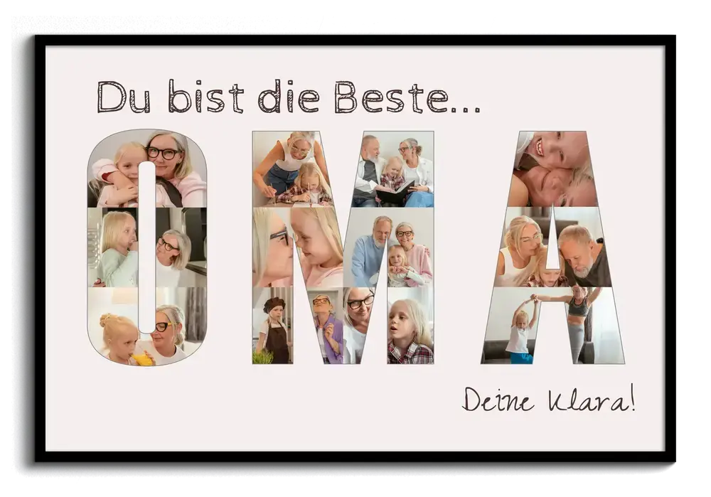 Oma-Buchstabencollage aus Familienfotos auf Rosé im schwarzen Rahmen, als persönliches Geschenk für Oma