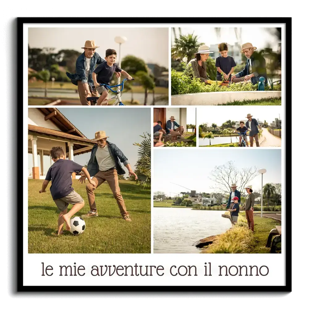 Collage di sei foto di nonno e nipote tra giochi e avventure, con dedica in basso e cornice nera