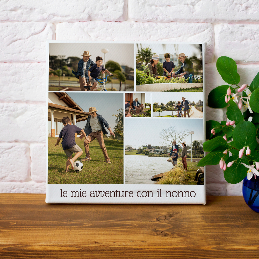 Collage su tela con foto di nonno e nipote, appoggiato su un piano in legno, un regalo ricco di ricordi per il nonno