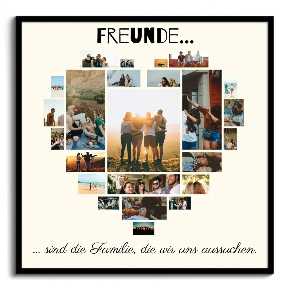 Fotocollage in Herzform mit Freundschaftsspruch im schwarzen Rahmen als persönliches Geschenk für Freunde