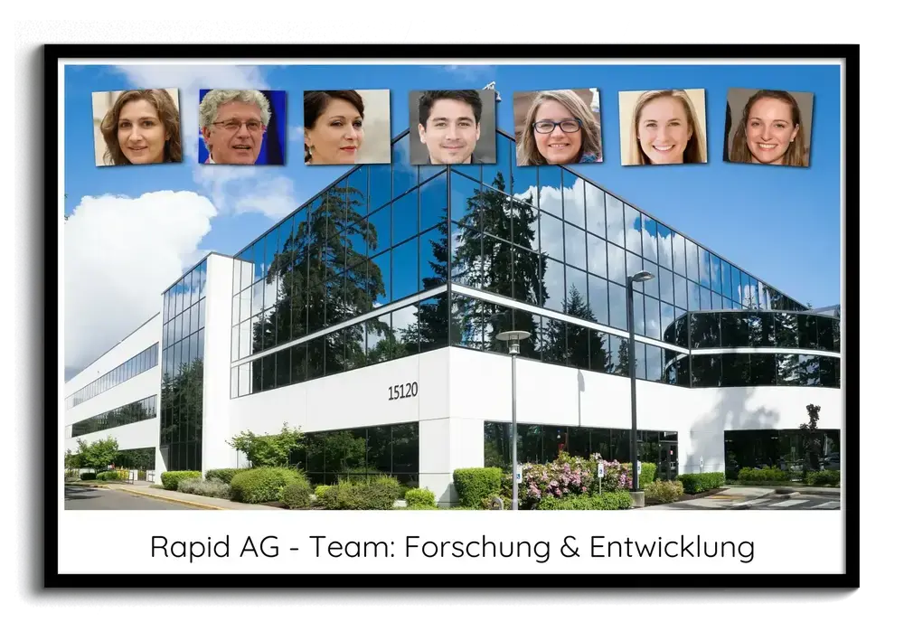 Fotocollage im schwarzen Rahmen mit sieben Mitarbeiterporträts über einem Firmengebäude und individueller Textzeile