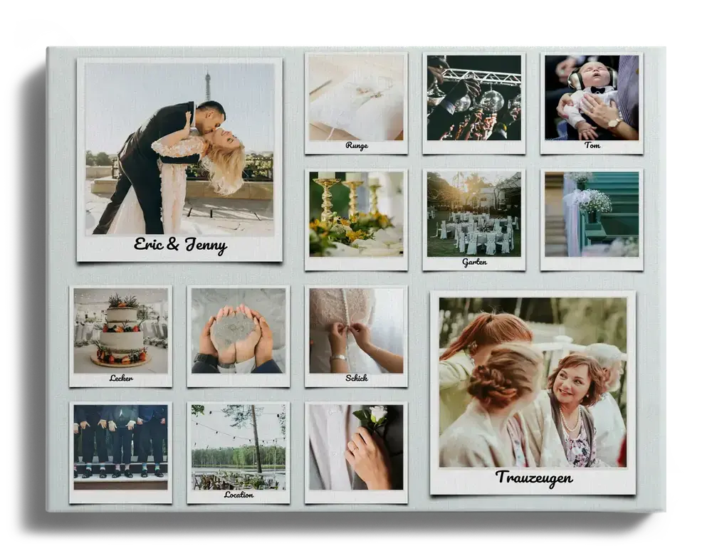 Pêle-mêle de mariage avec photos façon Polaroid et légendes sur fond gris clair, présenté sur fond noir