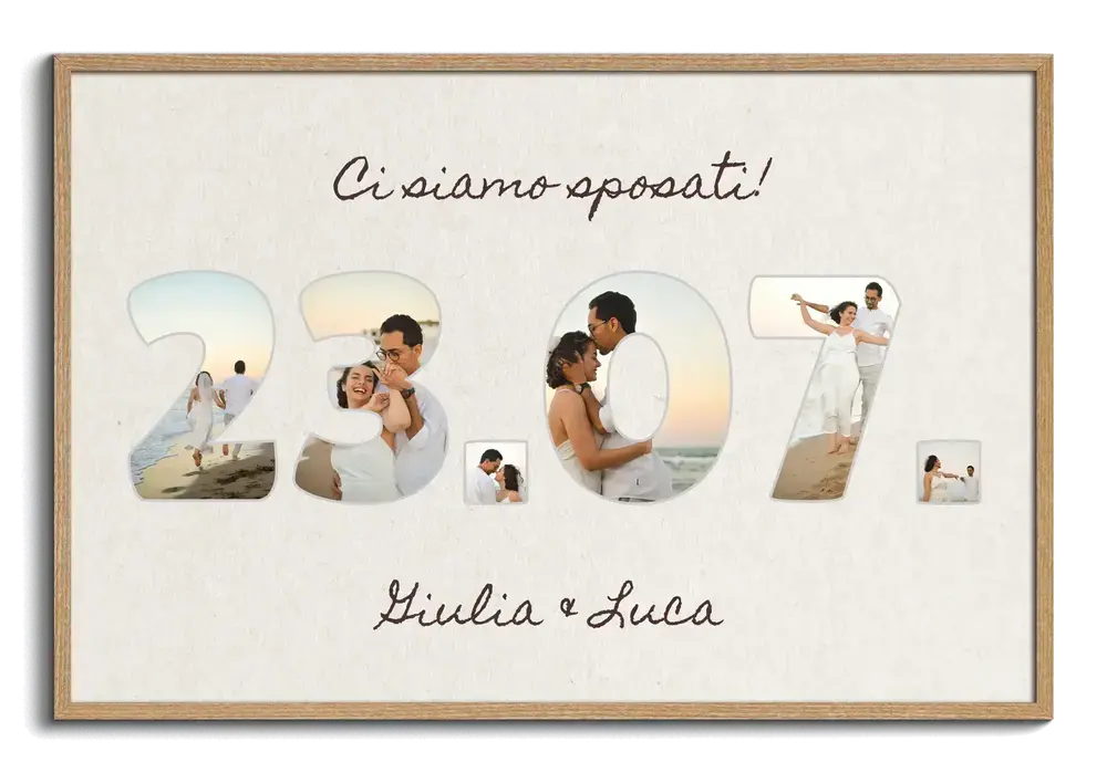 Collage di foto a forma di data, con nomi e cornice in legno: un regalo di nozze personalizzato