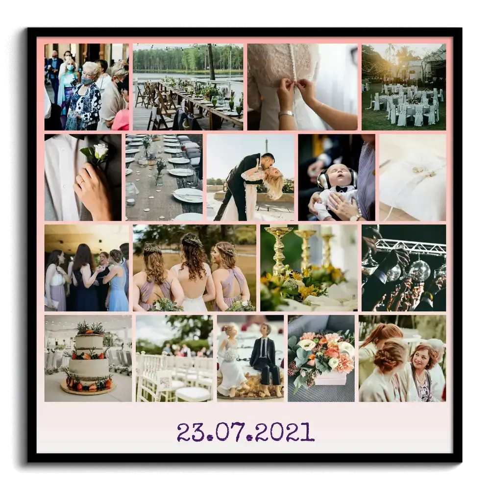 Hochzeitsfotocollage mit Datum und rosa Raster im schwarzen Rahmen als persönliches Geschenk fürs Brautpaar
