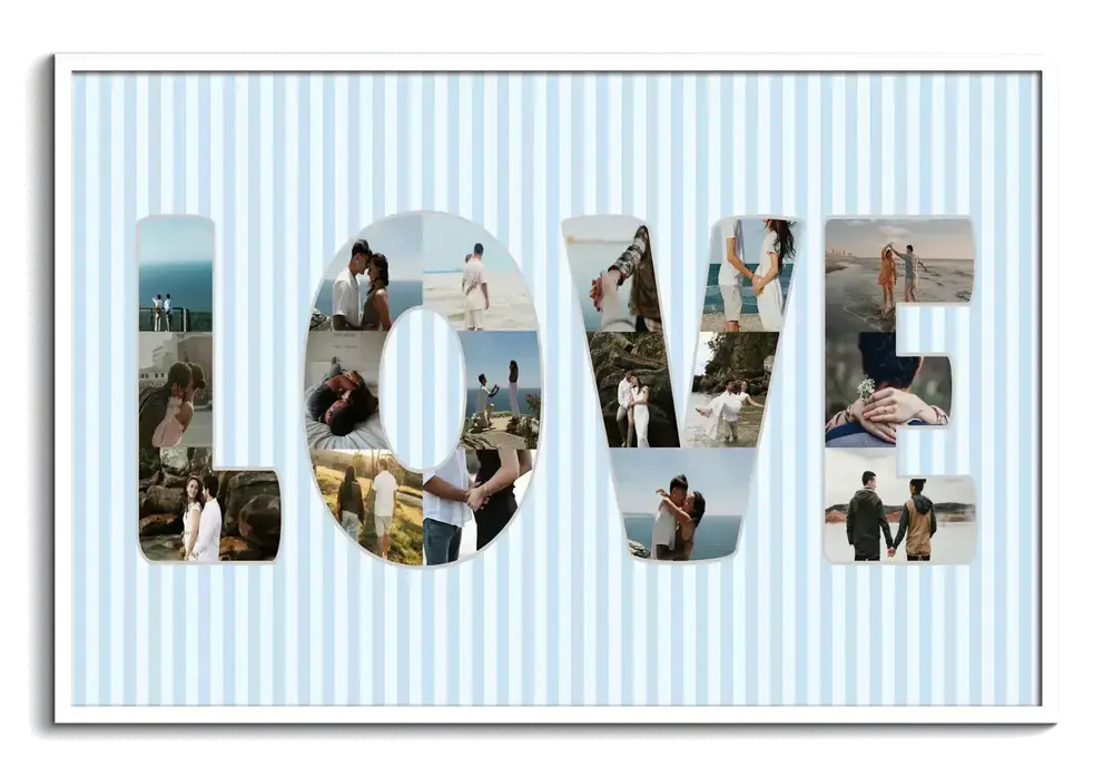 Collage photo en cadeau de mariage, lettres remplies de photos sur fond rayé bleu clair, dans un cadre blanc